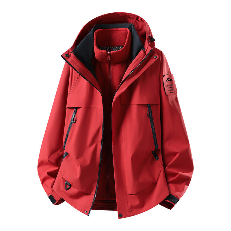 Herr modular vattentät utomhusjacka med avtagbar fleece inner jacka, huva, och fickor med dragkedja