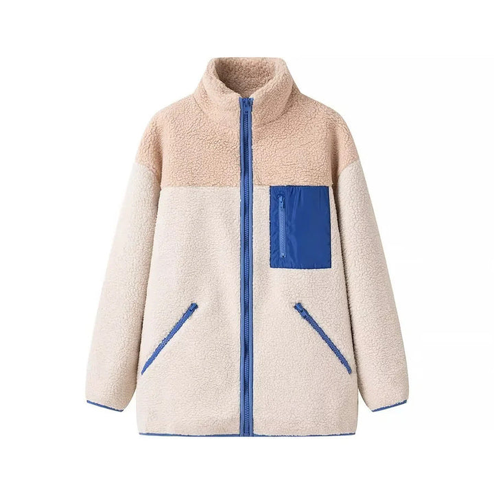 Dam cropped teddy fleecejacka med ståkrage, fickor med dragkedja, och patch chest pocket