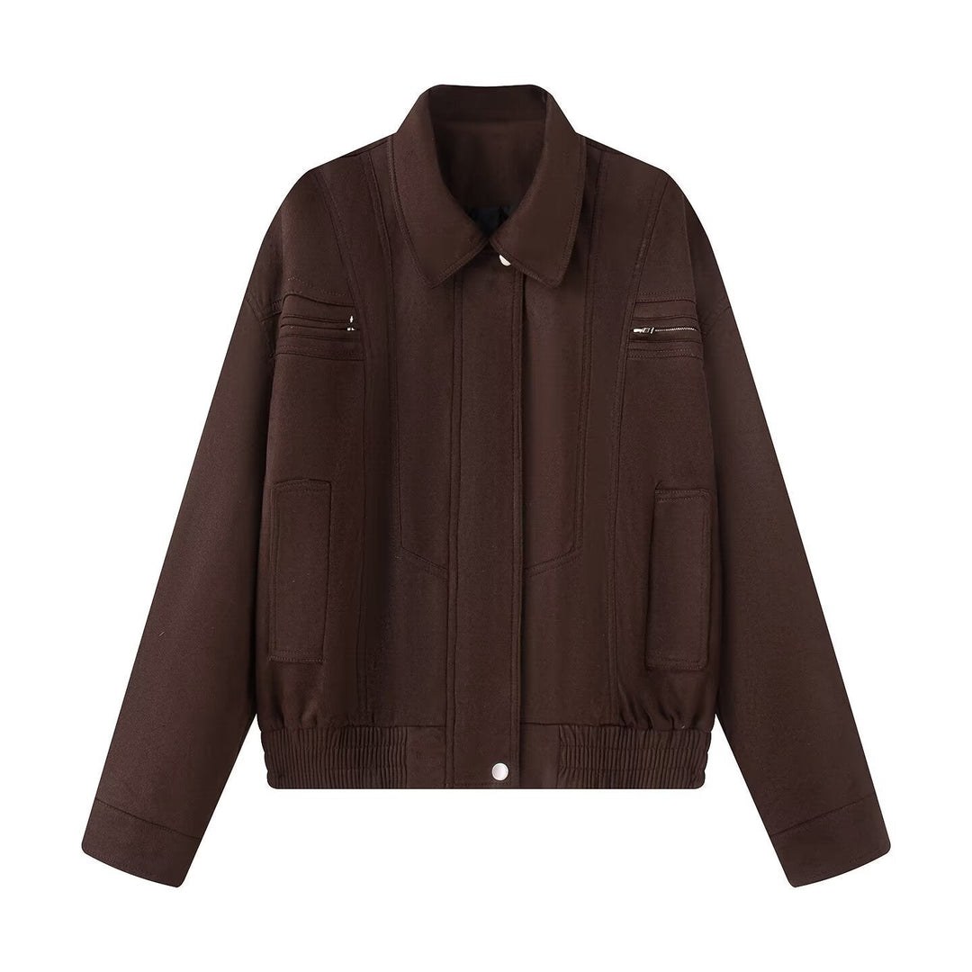 Dam 10+ Kort Skärning Velour Blouson Jacka med Elastic Nederkant, Lock Fickor, och Dragkedja Details