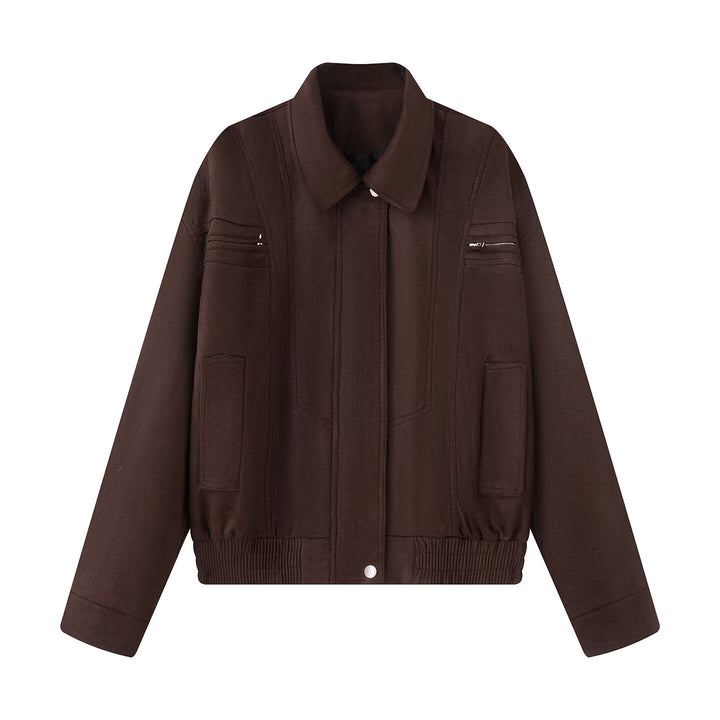 Dam 10+ Kort Skärning Velour Blouson Jacka med Elastic Nederkant, Lock Fickor, och Dragkedja Details