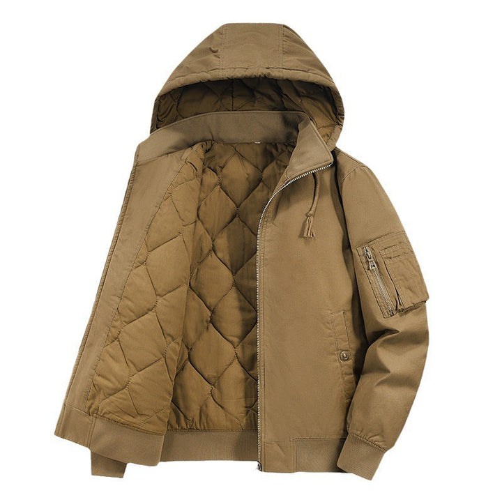 Herr Vadderad Hoodie Canvas Fältjacka med Ärm Ficka och Termisk Foder