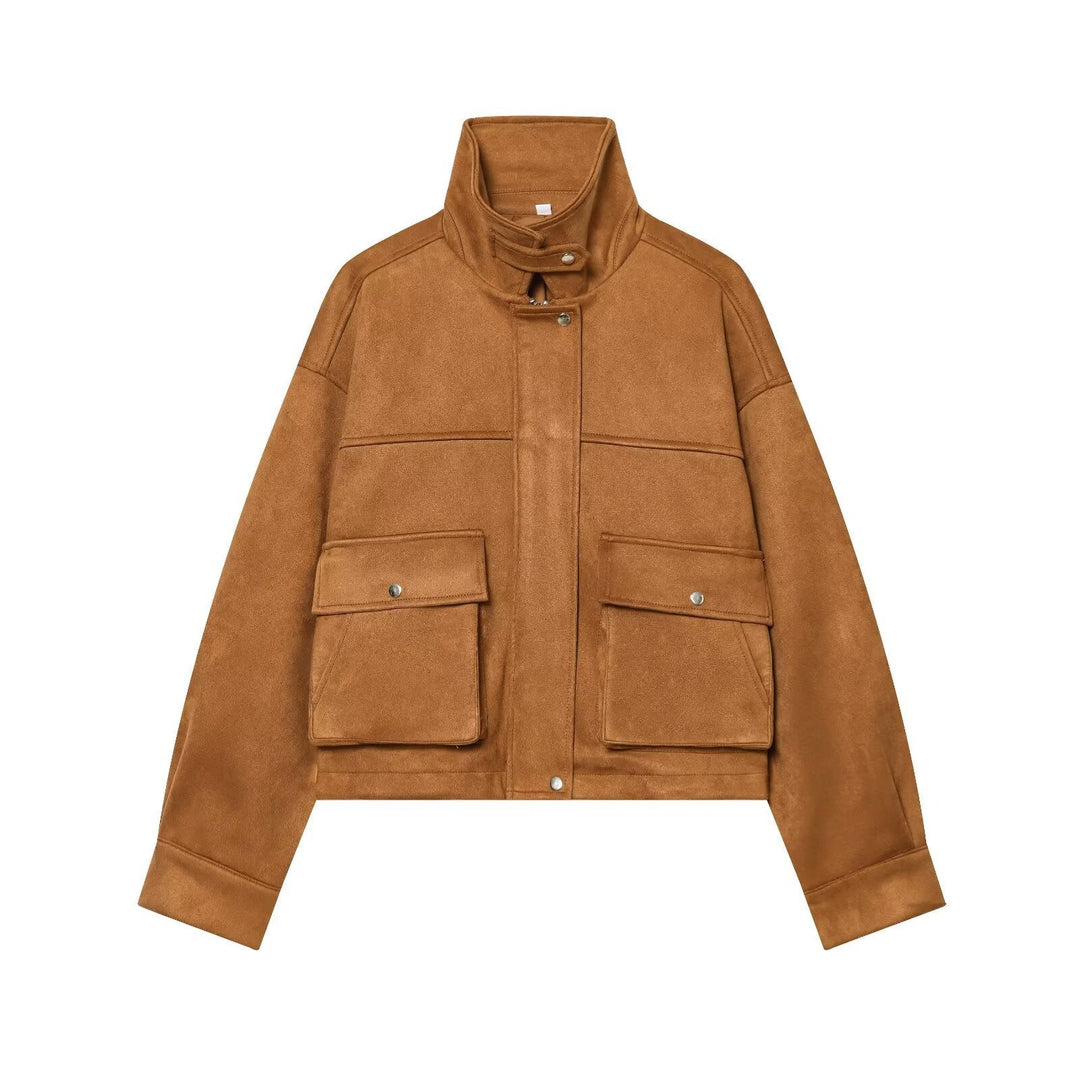 Dam Kort Boxig Jacka i Suede Look med Funnel Krage och Stora Lock Fickor