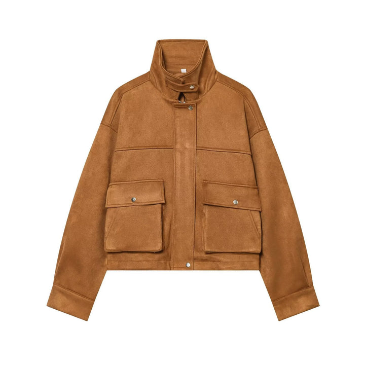 Dam Kort Boxig Jacka i Suede Look med Funnel Krage och Stora Lock Fickor