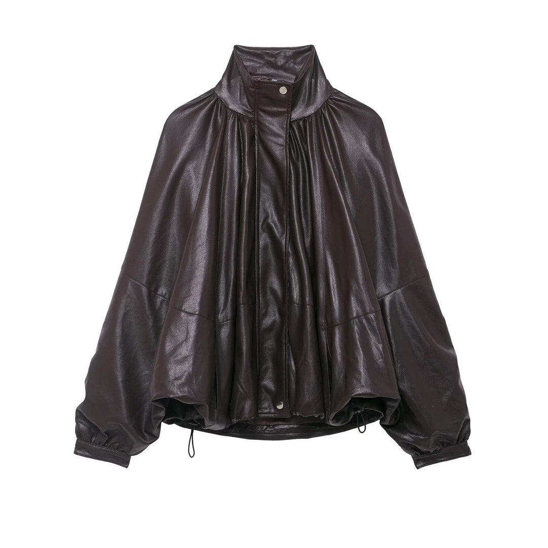 Dam Voluminous konstläder Cape jacka med hög ståkrage och dragsko