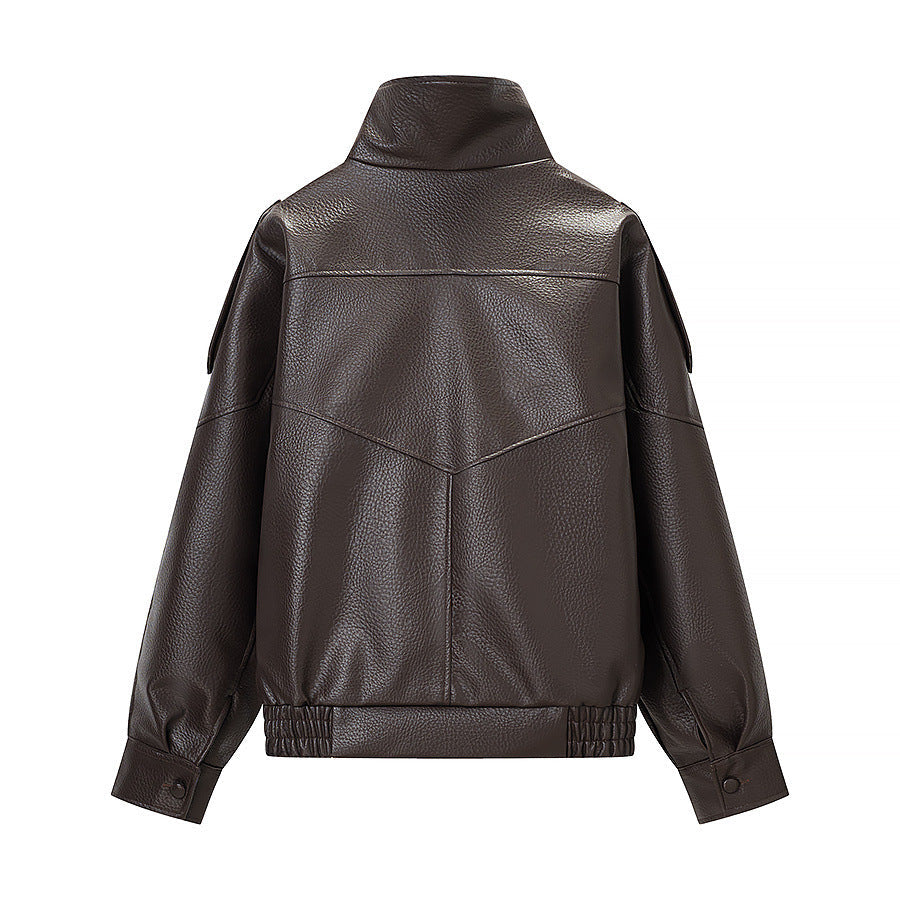 Dam oversize konstläder jacka med hög ståkrage, Asymmetrical knappslå och Elastic fåll
