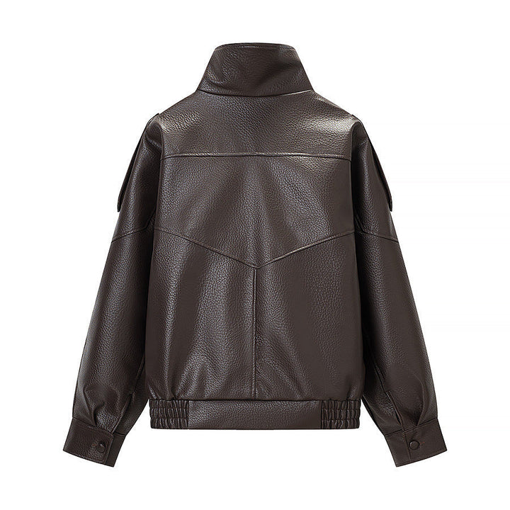 Dam oversize konstläder jacka med hög ståkrage, Asymmetrical knappslå och Elastic fåll