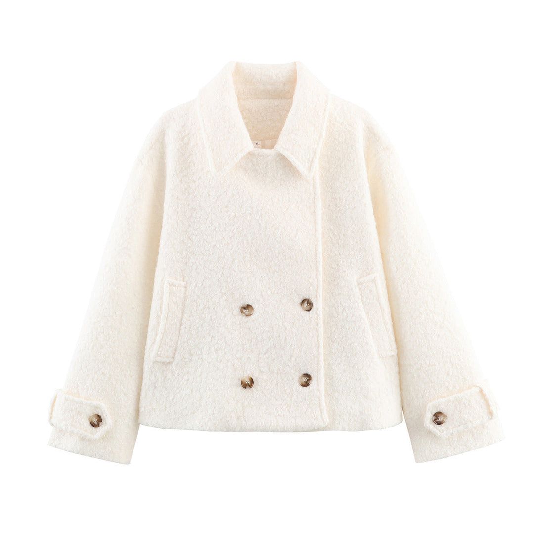 Dam Boxy Boucle Double-Breasted kappa med skjortkrage och Flap fickor