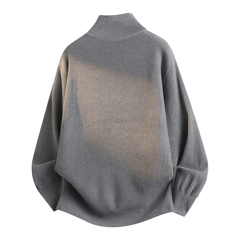 Unisex Oversize Stickad Dragkedja Jacka med Stå Krage, Ribbed Texture &amp; Two-Way Dragkedja