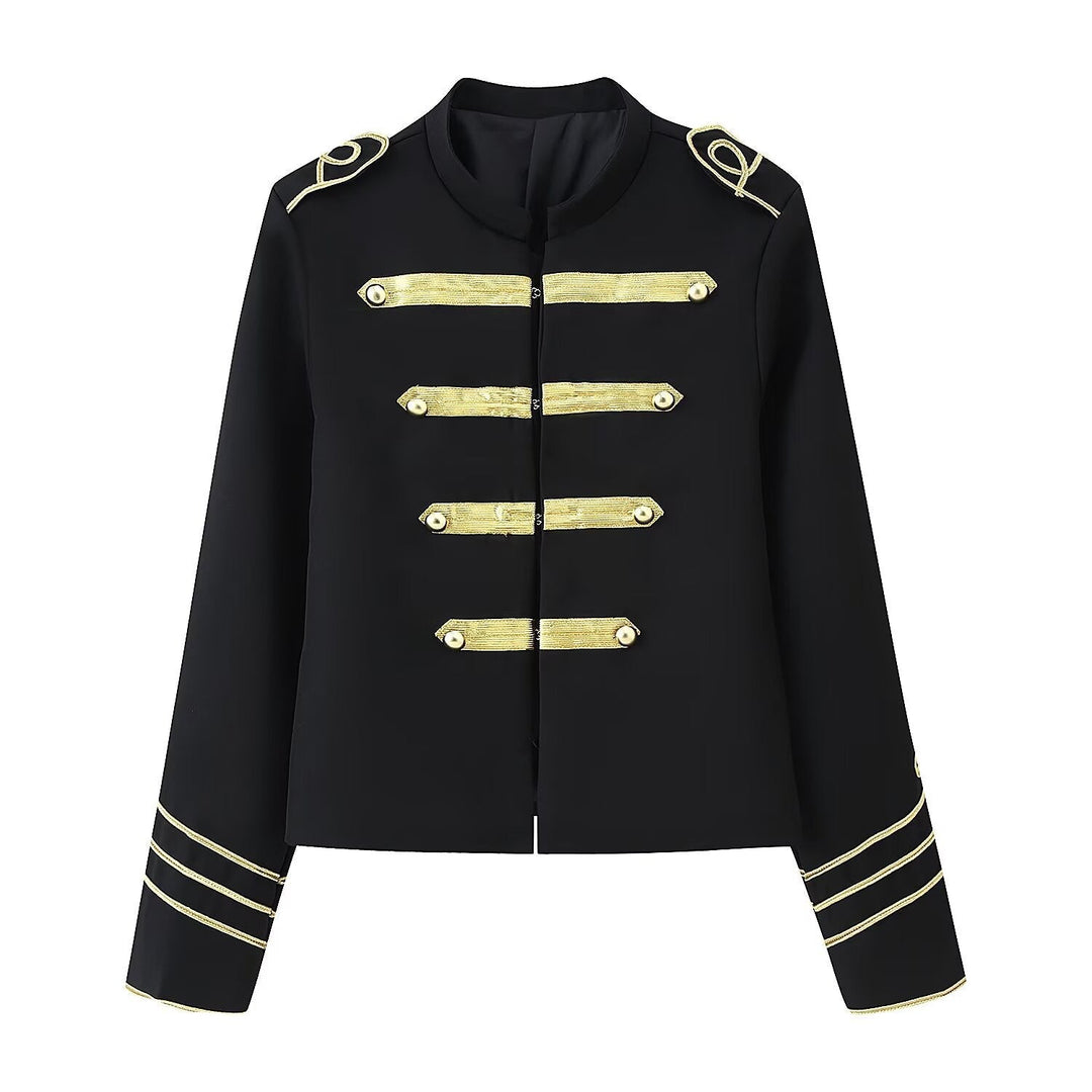 Dam Kort Military-Stil Blazer med Guld Kant Application