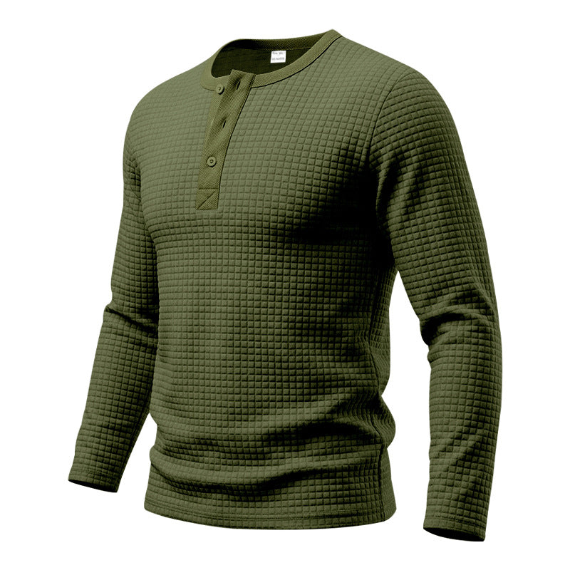 Herr Strukturerad Waffle Termisk Skjorta med Henley Knapplist och Rounded Fåll