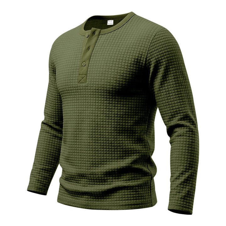Herr Strukturerad Waffle Termisk Skjorta med Henley Knapplist och Rounded Fåll