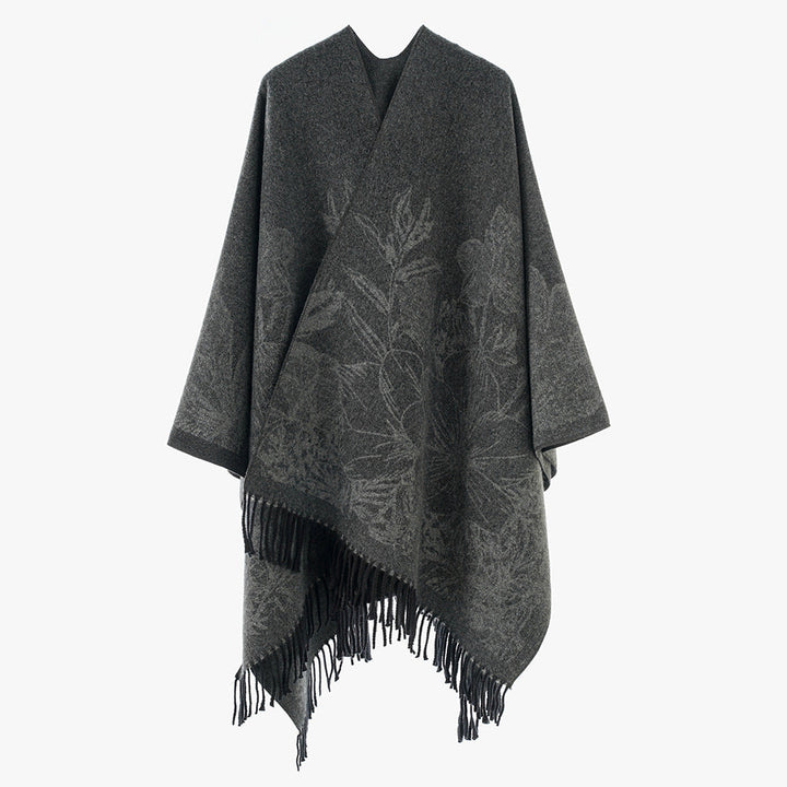 Dam V-Neck capeponcho med floral Jacquard och frayed fåll