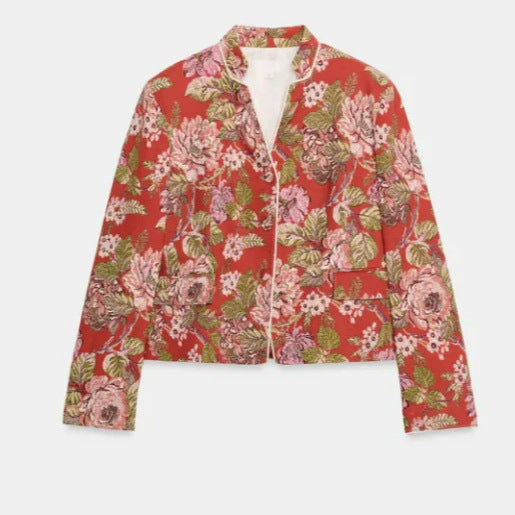 Dam Kort Jacquard Blouson med Mandarin Krage och Blommig Brocade Structure