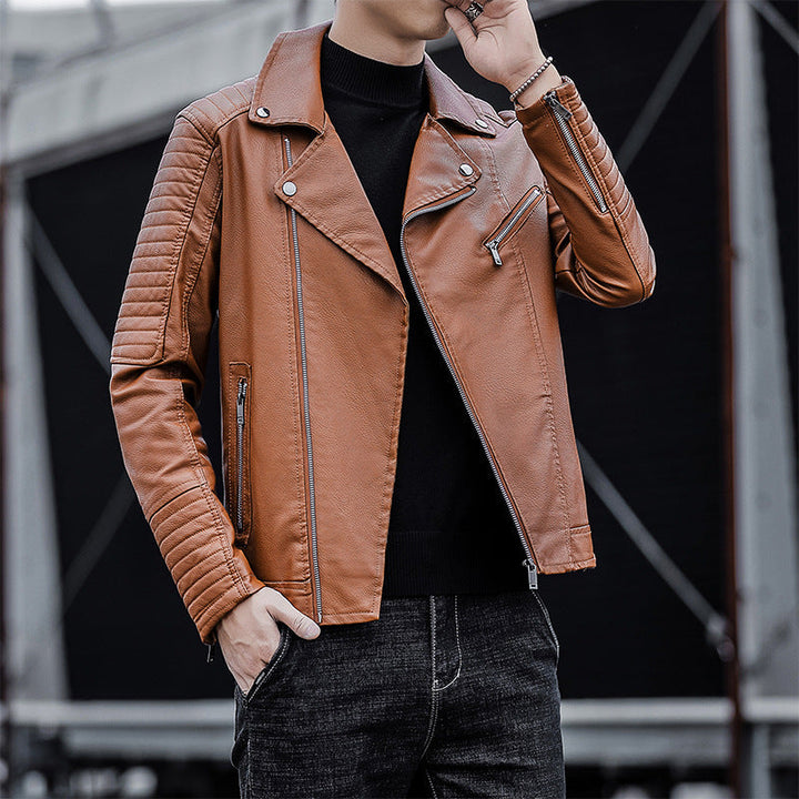 Herr Konstläder Biker Jacka med Quiltad Axel Yoke, Asymmetric Dragkedja och Metal Dragkedja