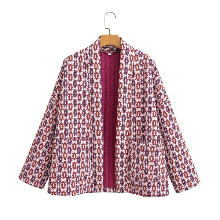 Dam mönstrad kviltad Kimono jacka med utanpåfickor