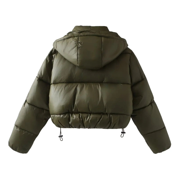 Dam oversized vadderad kort jacka med detachable huva, high ståkrage, och drawstring fåll