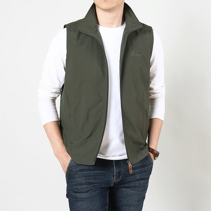 Herr Sleeveless Utility Väst med Ståkrage, Dragkedja och Fickor