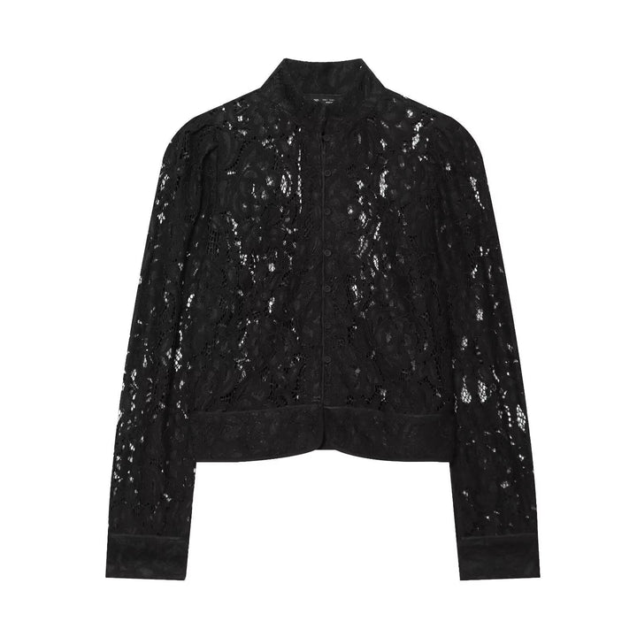 Dam Kort Lace Jacka med Stå Krage, Blommig Lace och Continuous Knapp Knäppning