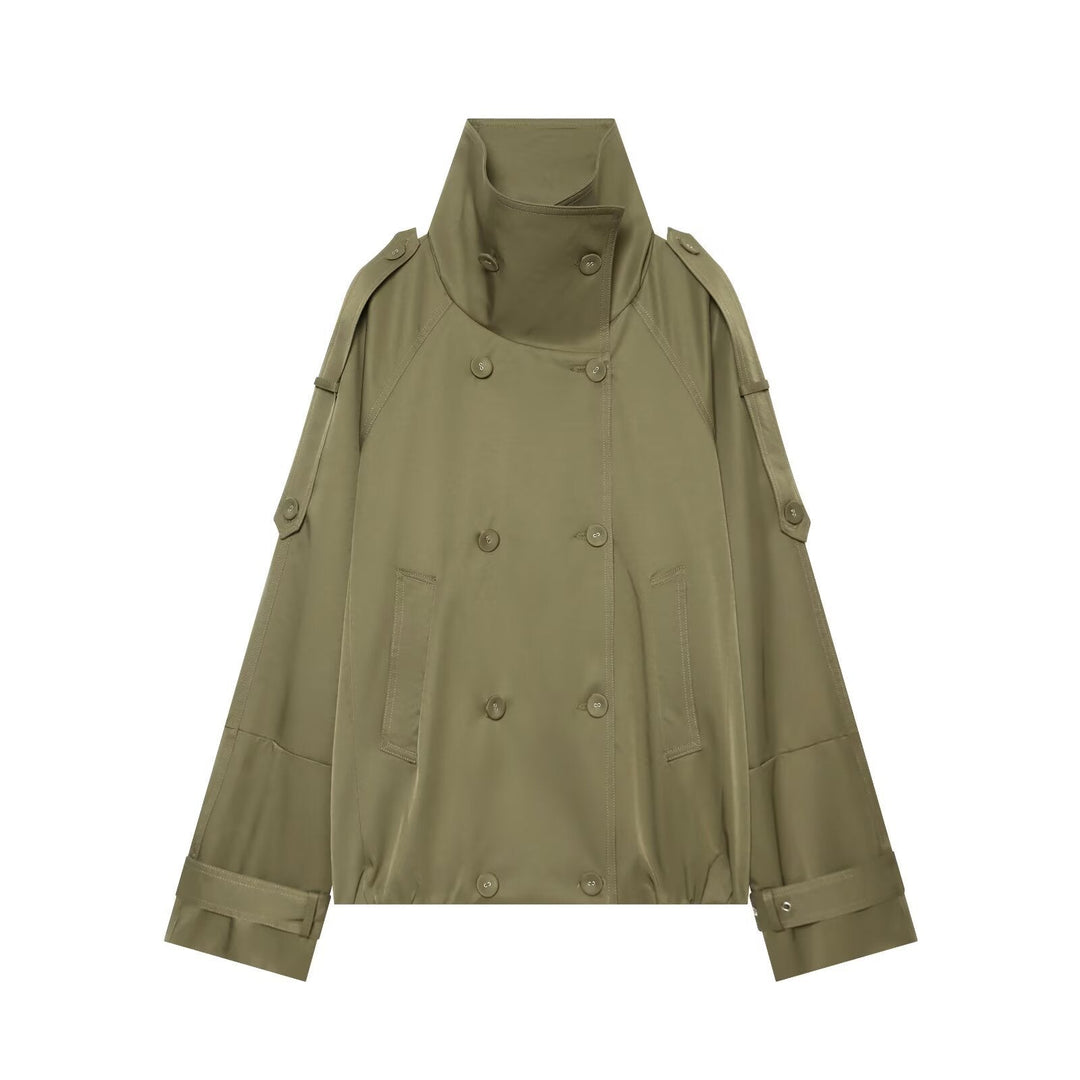 Dam Kort Double-Breasted Cape Trench med Hög Funnel Neck och Ärm Straps