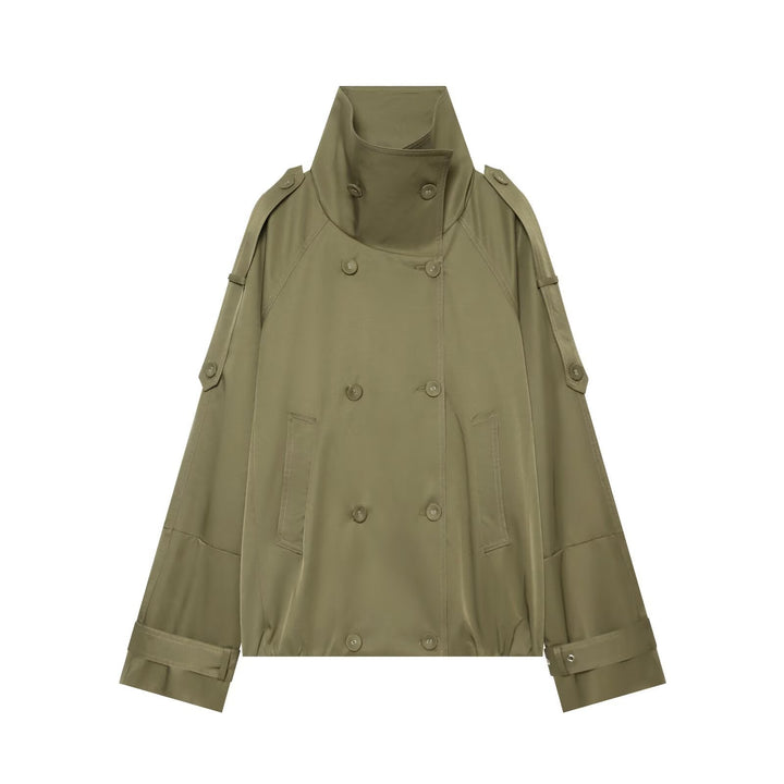 Dam Kort Double-Breasted Cape Trench med Hög Funnel Neck och Ärm Straps