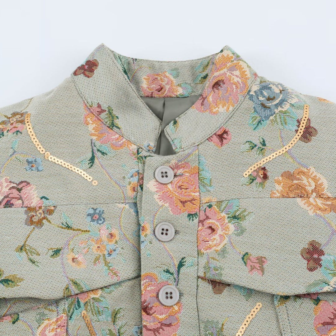 Dam broderad Jacquard kort jacka med Mandarin krage och Flap fickor