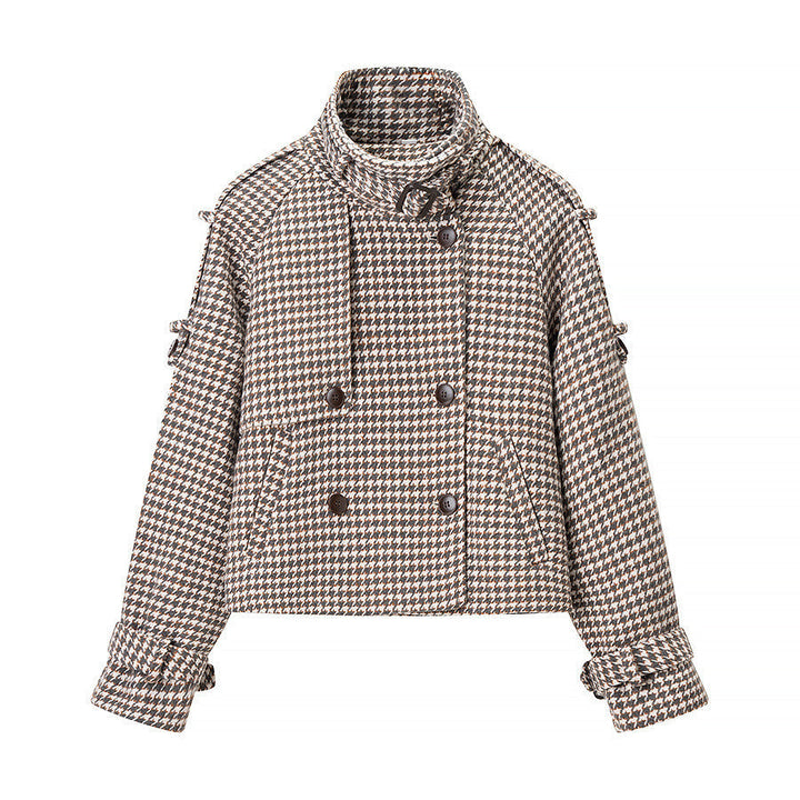 Dam oversize trenchcoat med Houndstooth mönster, hög ståkrage och Shoulder Epaulettes