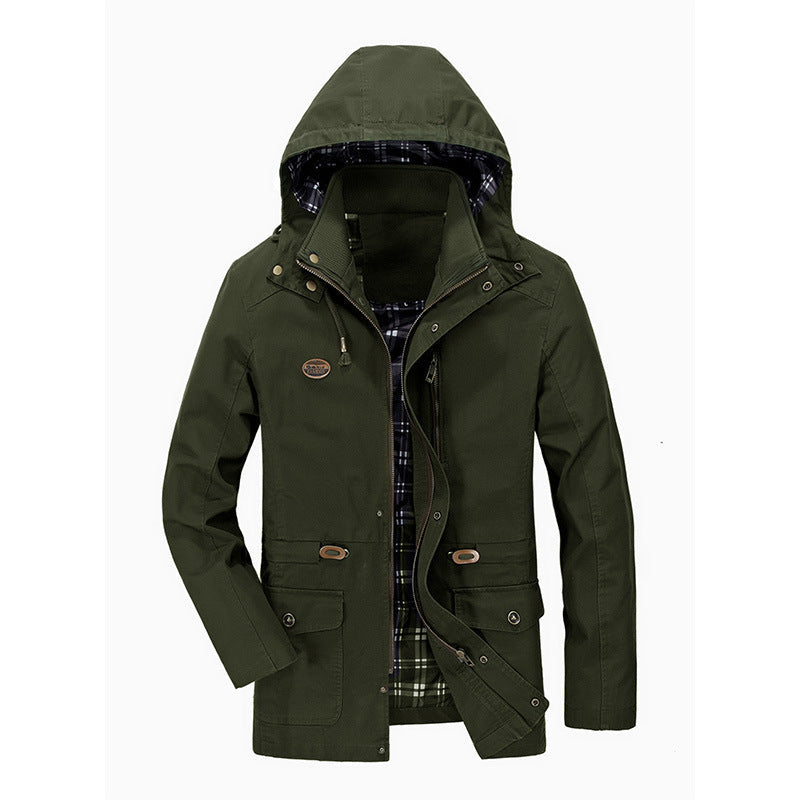 Herr Mid-Length Parka med Huva, Checkered Foder och Midja Dragsko