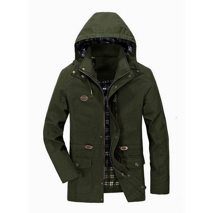 Herr Mid-Length Parka med Huva, Checkered Foder och Midja Dragsko