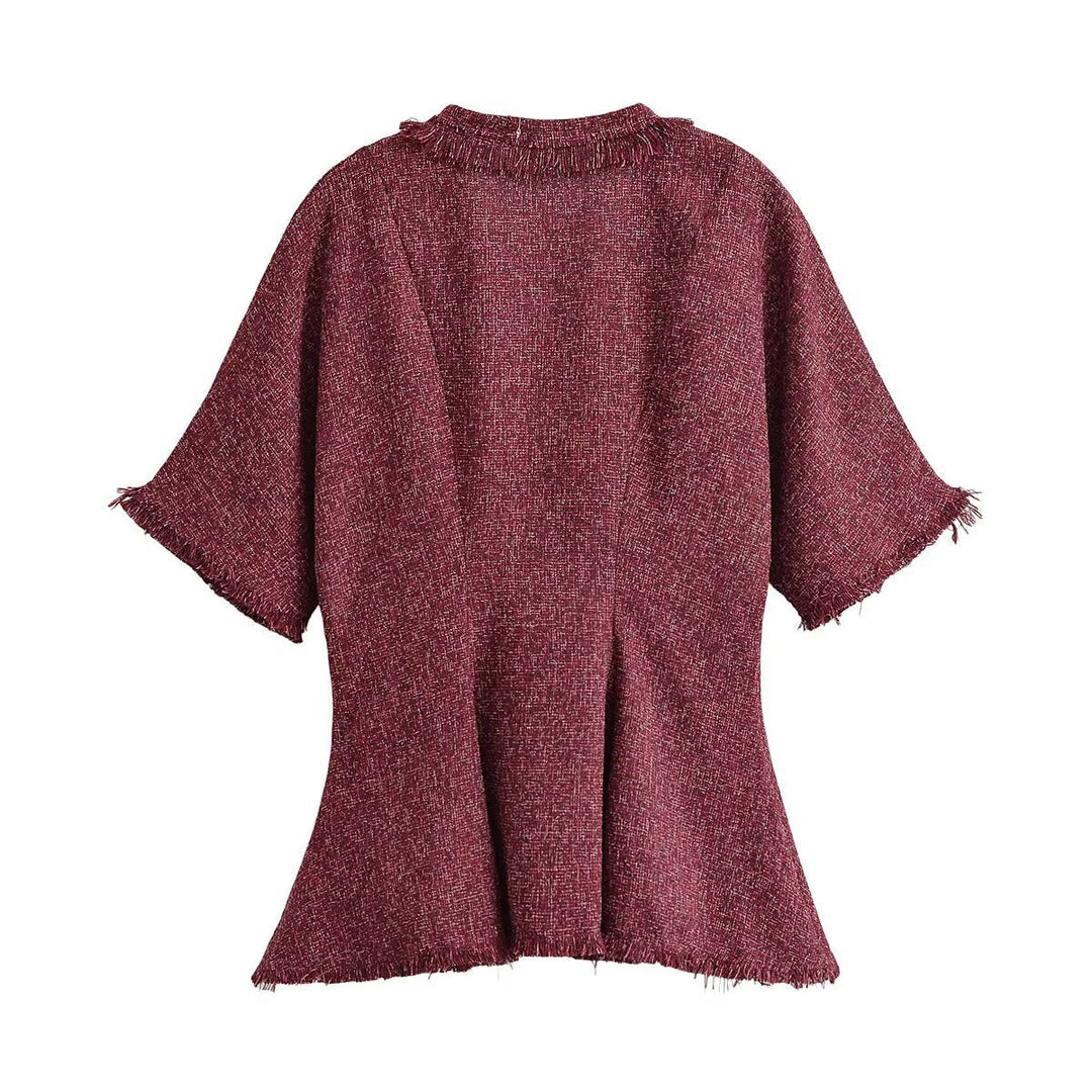 Dam Tweed Kimono Jacka med Fringe Kant och Dekorativ Tie Scarf