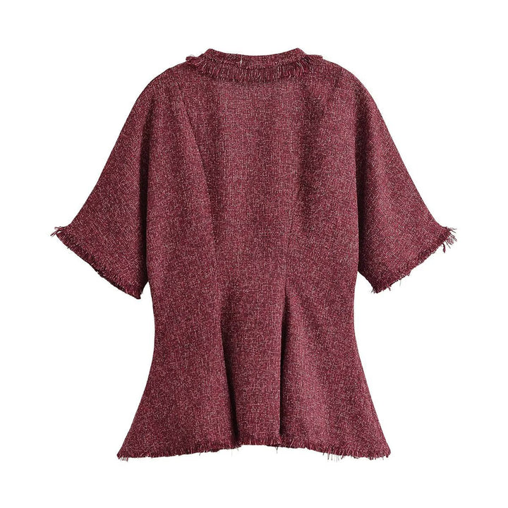Dam Tweed Kimono Jacka med Fringe Kant och Dekorativ Tie Scarf