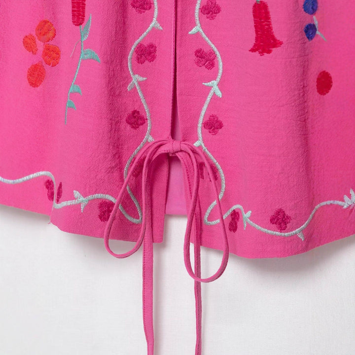 Dam Embroidered Kimono Jacka med Tie Belt och Blommig Application