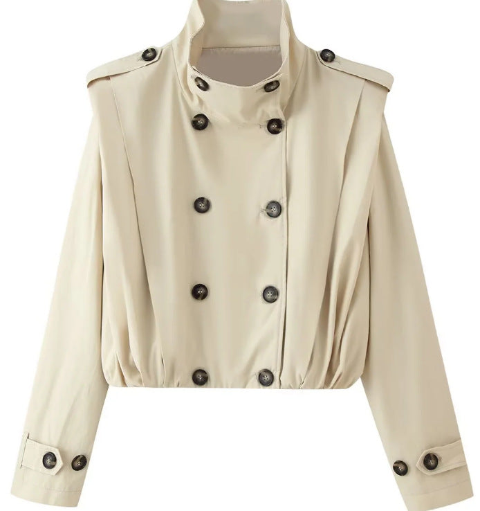 Dam kort Double-Breasted trench jacka med Stand krage, Epaulettes, och Elastic fåll