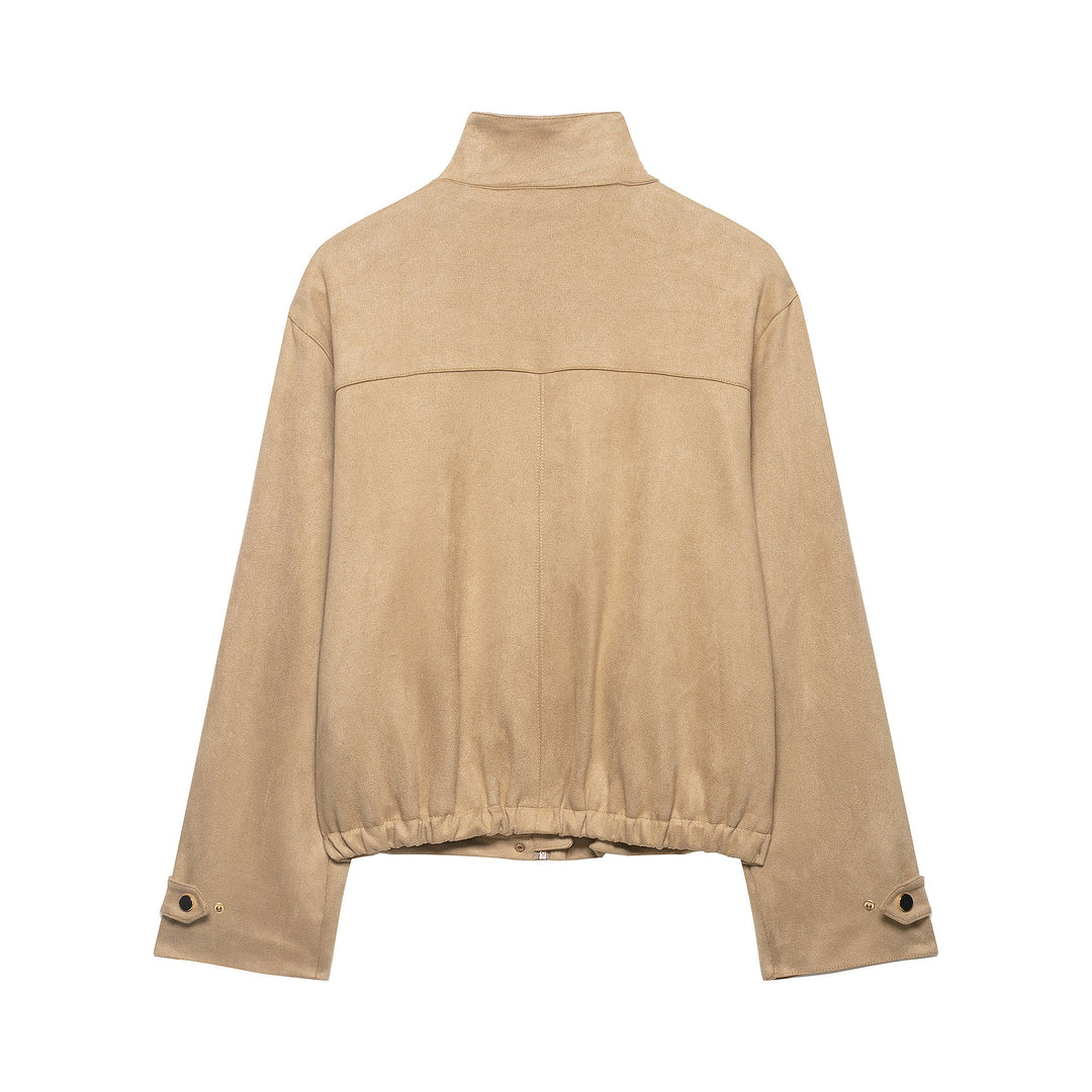 Dam Kort Boxig Jacka i Velour Look med Stå Krage och Press Stud Knäppning
