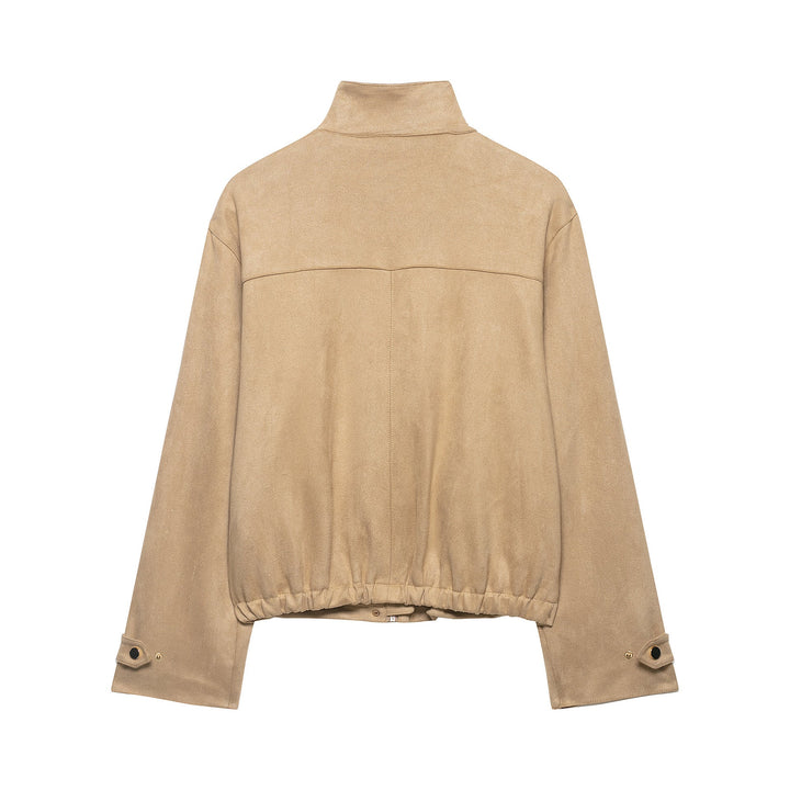 Dam Kort Boxig Jacka i Velour Look med Stå Krage och Press Stud Knäppning