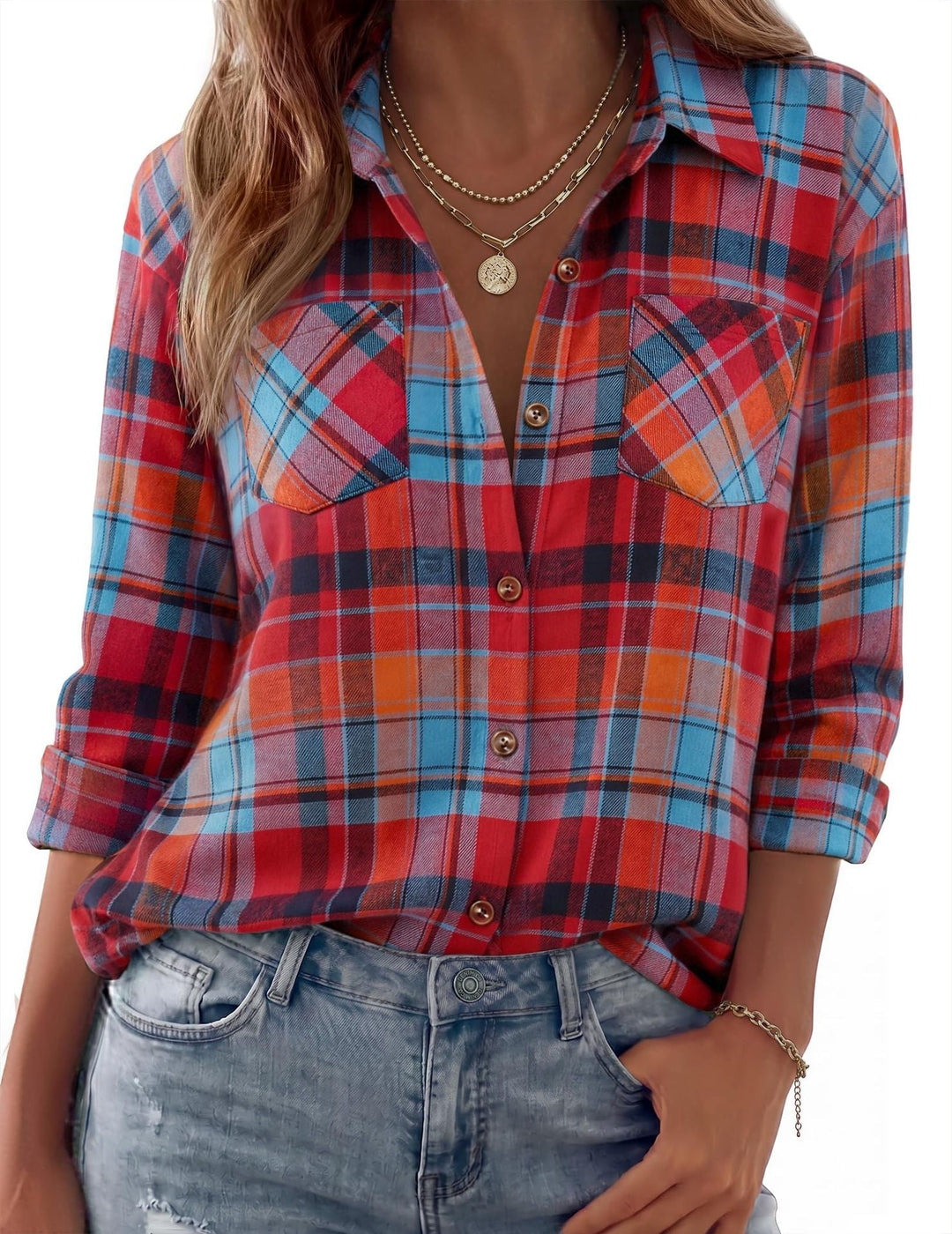 Dam Rutig Oversized Flanell Skjorta Jacka med Bröst Fickor