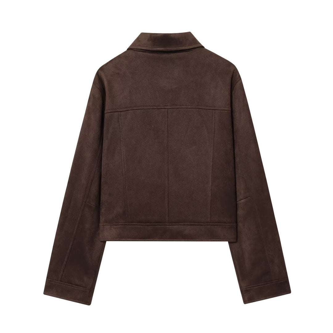 Dam 30+ Kort Skärning Velvet Jacka i Blouson Stil med Skjort Krage och Dold Tryckknapp Knapp Knäppning