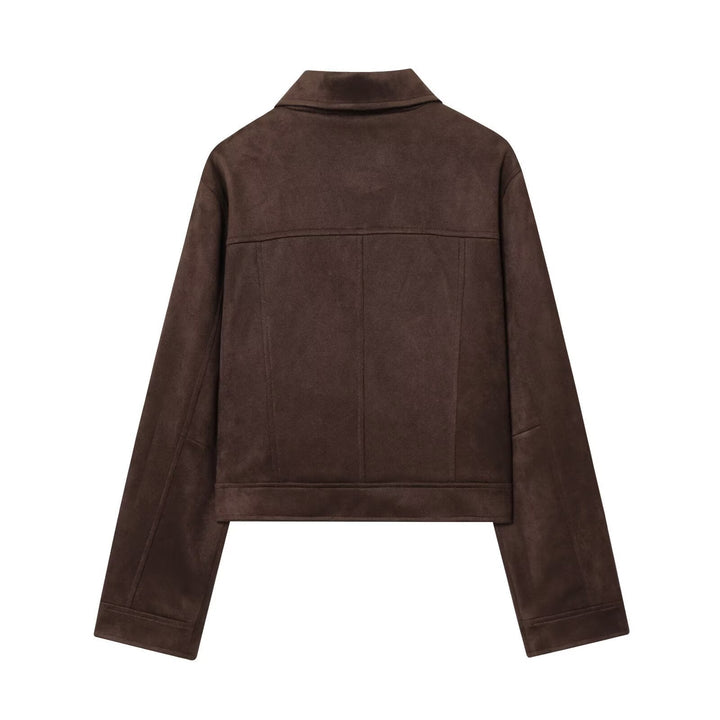 Dam 30+ Kort Skärning Velvet Jacka i Blouson Stil med Skjort Krage och Dold Tryckknapp Knapp Knäppning