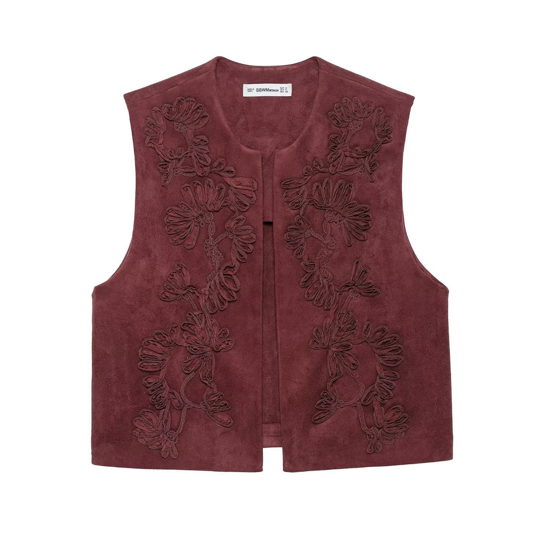 Dam Sleeveless Suede-Look Väst med Blommig Appliqué