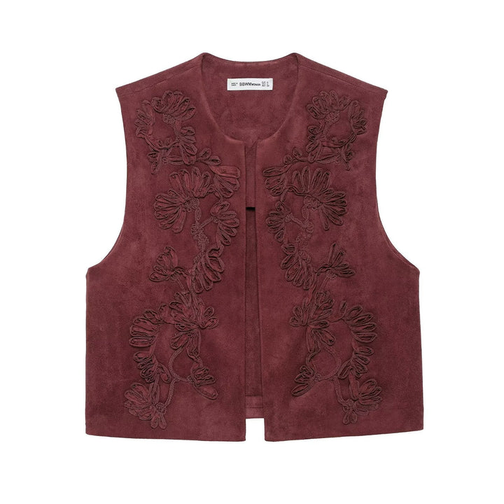 Dam Sleeveless Suede-Look Väst med Blommig Appliqué