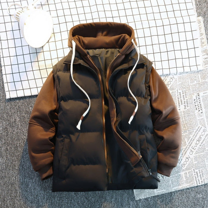 Herr Two-Layer Quiltad Väst i Layering Look med med Huva Inner Jacka &amp; Sweat Ärmar