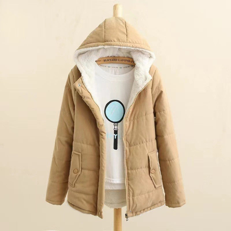 Dam quiltad hooded jacka med teddy foder, concealed snap knäppning och flap fickor