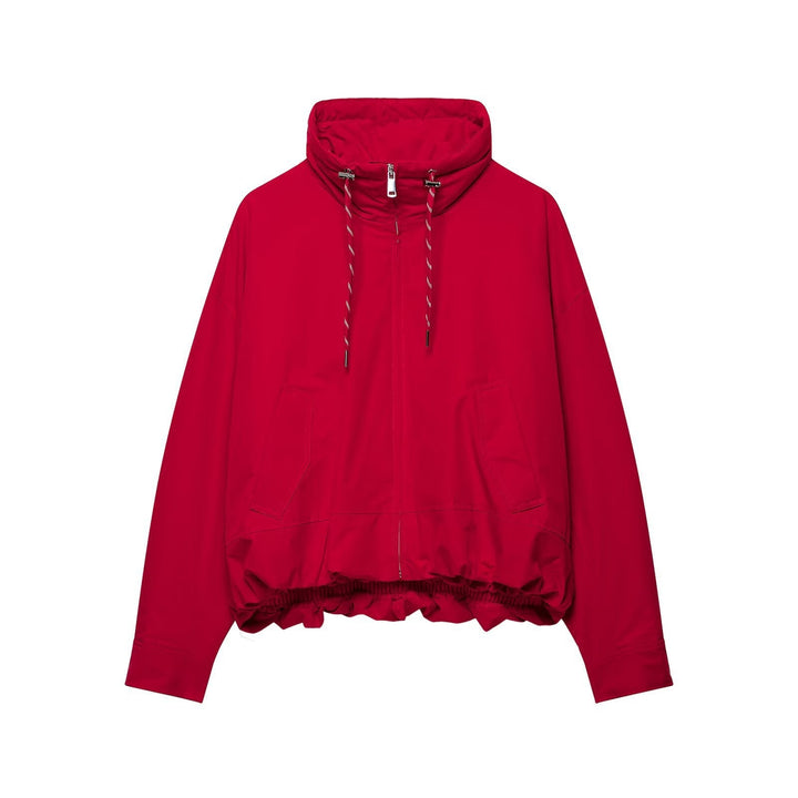 Dam Kort Oversize Utilityjacka med Hög Stå Krage, Drawstring och Elastic Nederkant