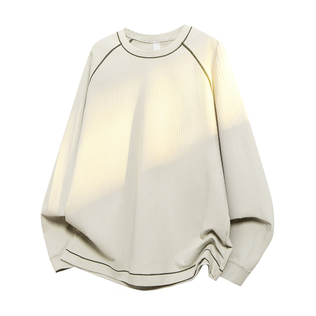 Herr Oversized Waffle Stickad College-Tröja med Round Neck, Raglanärmar och Contrast Sömmar