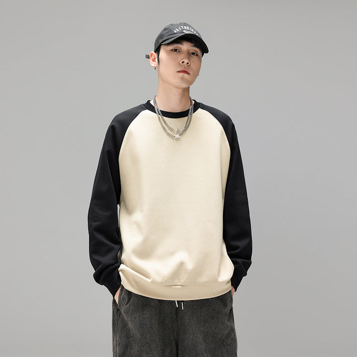 Herr Raglan College-Tröja med Contrast Ärmar, Mjuk Fleece Foder, och Ribbad Fåll