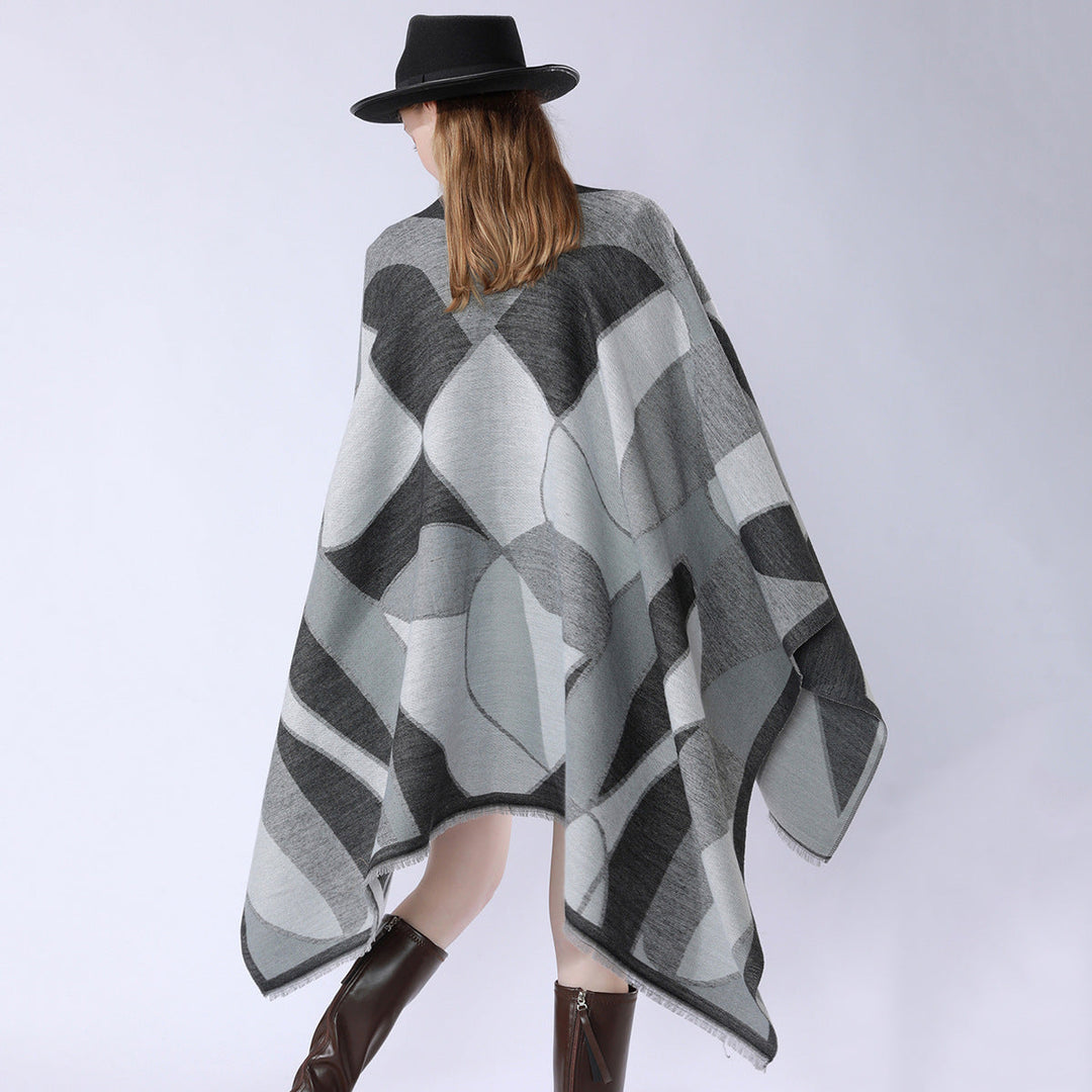 Dam Oversize poncho med V Neck och Geometric Jacquard design