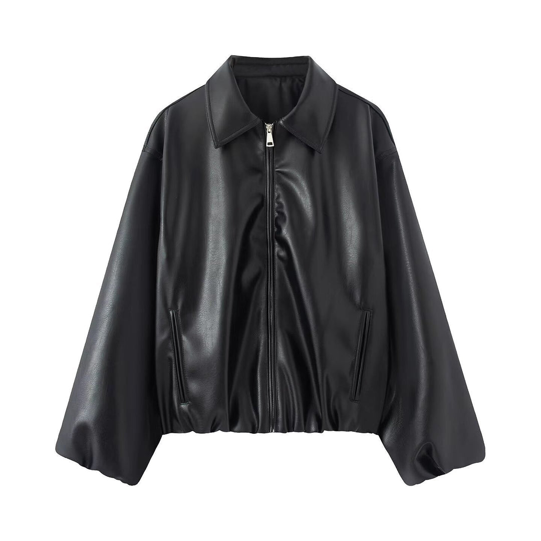 Dam Oversized Konstläder Blouson med Dragkedja och Elastic Fåll