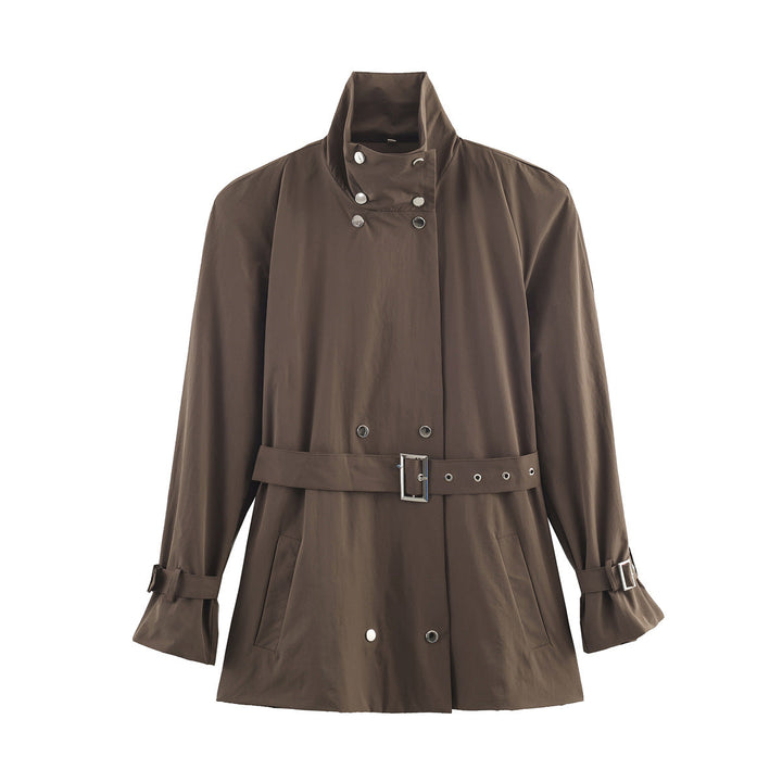 Dam kort trenchcoat med hög standing krage, double snap knappslå och midjebälte