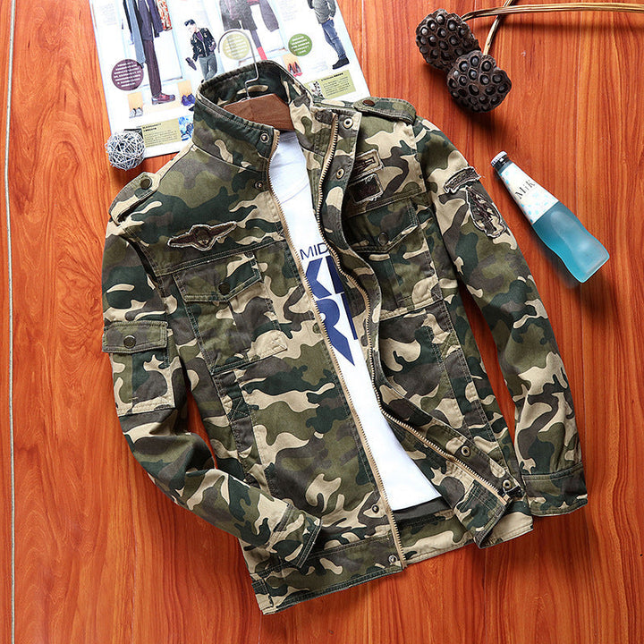 Herr Canvas Fältjacka i Militär Utility Stil med Axel Straps och Flera Fickor