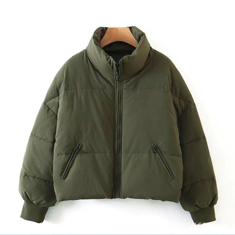 Dam kort kviltad Puffer med hög Standing krage och Ribbed muddar