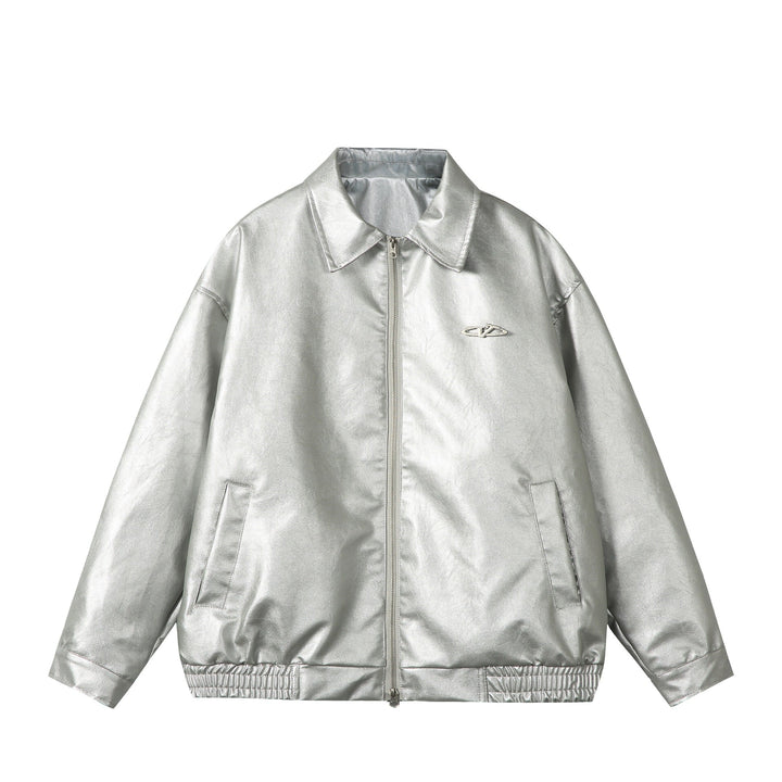 Dam Oversized Smooth Läder Look Blouson Jacka med Elastic Fåll och Metal Logo